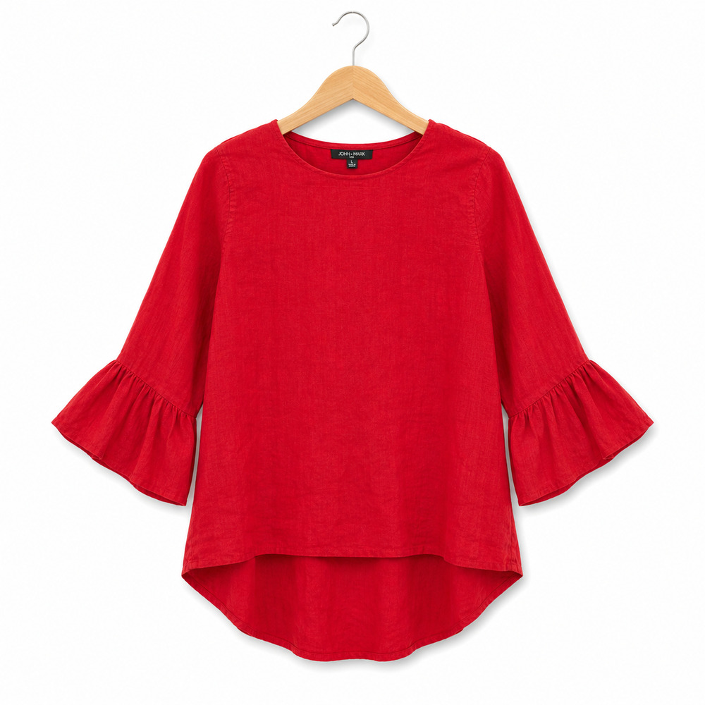 John Mark Blouse Womens Size Medium Red 100% Linen Flared Bell Cuff Quiet Luxury